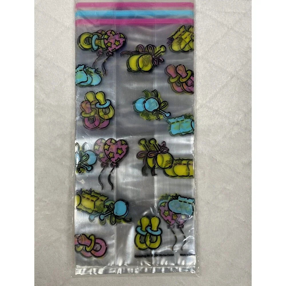 Vtg Unisex Baby Shower Cello Bags 2 Packs 32 Bags w/ Twist Ties Blue Pink Retro